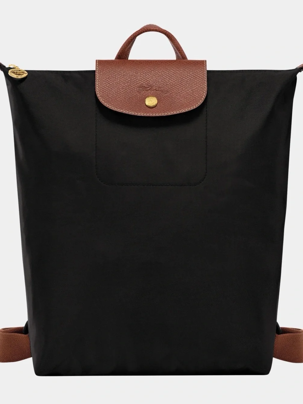 Longchamp Le Pliage Black Backpack with Brown Trim
